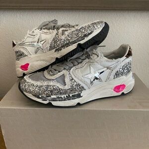 Golden Goose Silver Glitter and White Running Sneakers with Pink Accents-Rare